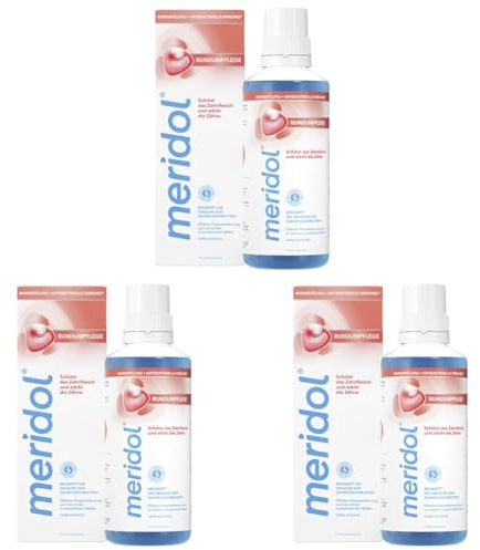 meridol Mundspülung Rundumpflege 400ml - antibakterieller Effekt, schützt Zahnfleisch, stärkt die Zähne und erfrischt den Atem, ohne Alkohol (Packung mit 3)