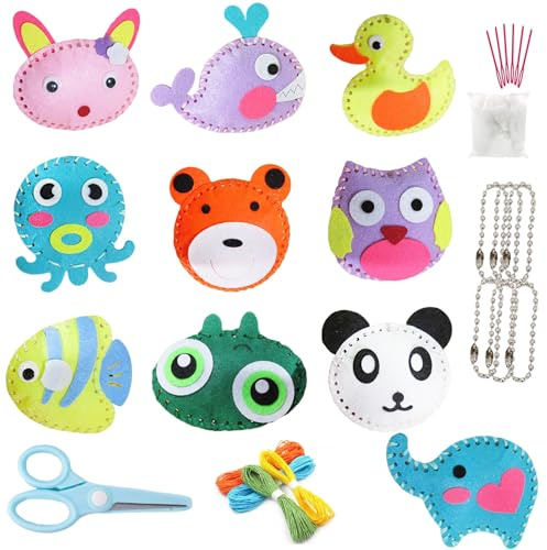 Aszaui 10 Pièces Kit Couture Enfant de Forêt Animaux,Tricotin Artisanat,Kits d'Artisanat en Feutre,Fait à la Main Créatif Pendentif Matériel Paquet,Kit de Couture Éducatif Bricolage Couture
