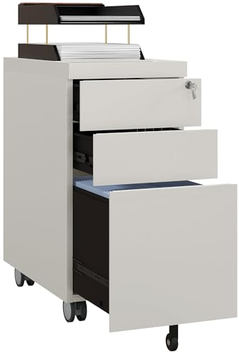 HOMCOM Rollcontainer mit 3 Schubladen, Aktenschrank mit Schloss, Oberer Öffnung, Büroschrank für Briefformat, A4 Legal, Stahl, 30 x 50 x 61 cm, Weiß