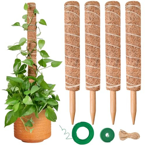 Bastone per Piante Rampicanti, GardenSage 4 Pieces of 40 cm Palo Muschiato Monstera di Cocco per Sostegno Piante da Interno e da Esterno che Crescono Verso L'alto
