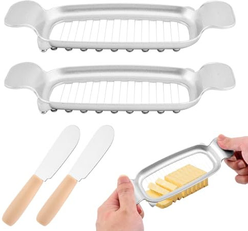 2 cortadores de mantequilla, cortador de queso multiusos de aleación de aluminio con 2 esparcidores de queso, cortador de mantequilla de mano de un solo palo hace cortar queso, mantequilla, huevos en