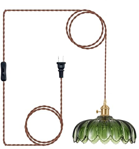 XZHGCEE Hängelampe mit Stecker: Vintage Pendelleuchte Glas Grün mit 450cm Kabel & Drehschalter für Küche, Esstisch, Wohnbereich, Badezimmer & Mietwohnung