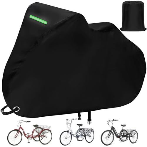 Trehjulingsskydd för vuxna, vattentätt utomhus, trehjuling, cykelförvaringsöverdrag för vuxencykel, hållbart UV-skyddat 210D polyestertyg, med spänne, reflekterande remsa – 75 L x 30 B x 44 H
