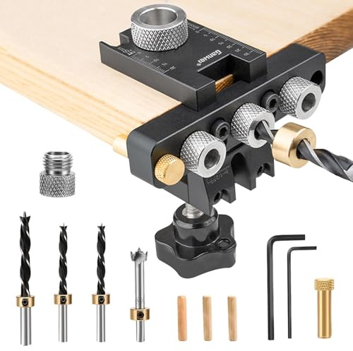 3-in-1 Bohrschablone, Bohrschablone Möbelbau, Taschenloch Bohrschablone 8/10/15mm Dübellöcher Holzdübel Bohrschablone mit Positionierungsclip Einstellbare Bohrführung Tischlerwerkzeuge