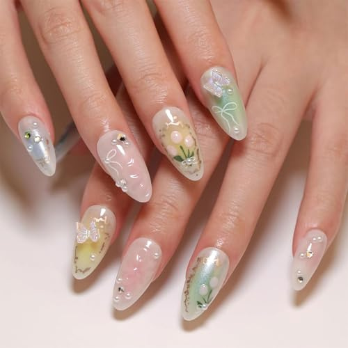 LunarCharm 24 Stück Drucknägel, mittelgroße mandelförmige Kunstnägel mit 3D-Blumen-Schmetterlings-Designs, bunte Acrylnägel mit Farbverlauf, künstliche Nägel im Stiletto-Stil
