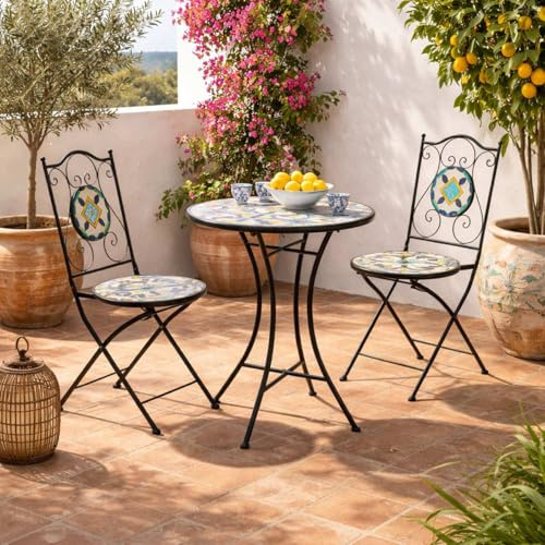 Yellowshop - Set Bistrot Positano da Giardino, Balcone, Veranda, Terrazzo 3 Pezzi, Tavolo e 2 Sedie Pieghevoli in Metallo e Piano in Ceramica Decorata Maiolica