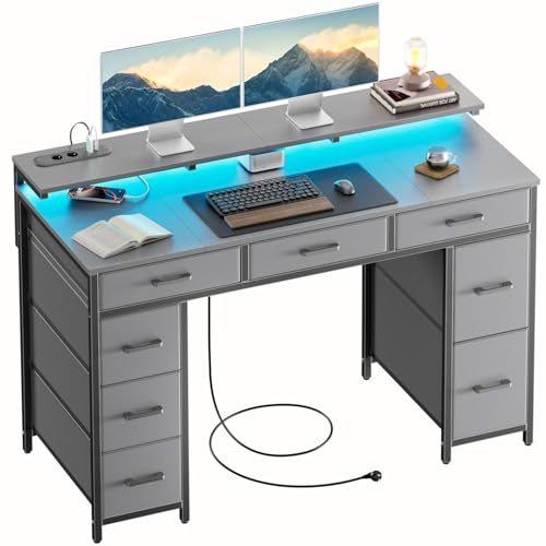 HLFURNIEU Escritorio con 8 Cajones de Tela, 120 × 50 cm Mesa Gaming LED con Enchufes & Puertos USB, Mesa Gamer con Soporte para Monitor, Escritorio Ordenador para Juegos y Oficina en Casa, Gris