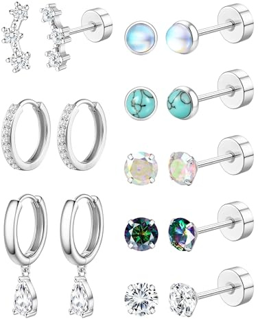 FANCH 8Pairs Hypoallergenic Flat Back Earrings Surgical Stainless Steel | Stud Hoop Huggie Earrings Set Teardrop Dangle Drop Earrings 14K Gold Cartilage Earring Stacks for Multiple Piercing 20G