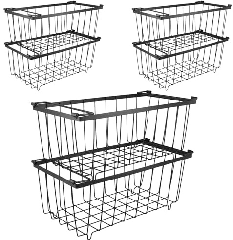 TAICHEUT 6-pack kista fryskorgar, stapelbar trådkorg med handtag, djup frys organiserare för 198 L frysar, svart