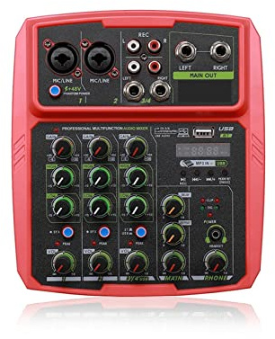 Digital mixer, 4-kanalers ljudmixergränssnitt Professionell Studioinspelning Ljudkort Mixerkonsol Mikrofon 48V Phantom Power För musikproduktion(Rood)