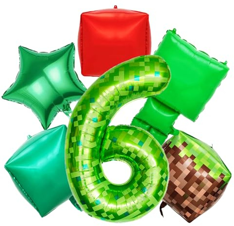 ZingBox Pixel Zahlen Luftballon 6 Geburtstag, 6 Stk Luftballon 6. Geburtstag Junge Mädchen, Grün Pixel Thema Ballon Geburtstags 6 Zahl, 100 cm Helium Ballon 6,Luftballons Geburtstagsdeko Junge 6 Jahre