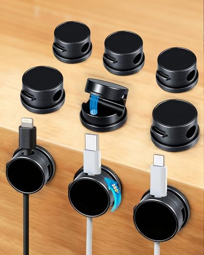 Acual Cable Holder Clips, 9 Pack 360° Rotatable Magnetic Cable Clips, No-Residue Desk Cable Management, Wire Organiser for USB, HDMI, Desk, Car, Office & Home, Black | Desk Organizer Cable Stickers, One-Handed Use, Cables Up to 7mm for HDMI Phone USB