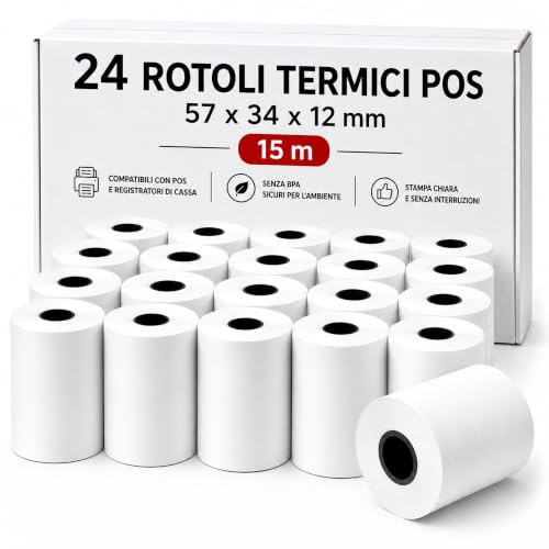 Rotoli POS 57x34 (Compatibili 57x35) - Confezione da 24 Rotolini POS Carta Termica BPA Free - 15m - Foro 12mm - Per POS e Registratore di Cassa