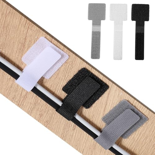 90 Pcs Hook and Loop Cable Straps, Self Adhesive Cable Management Under Desk, Reusable Desk Wire Organizer, Adjustable Cables Management Ties for Home Office Essentials (Black White Gray)