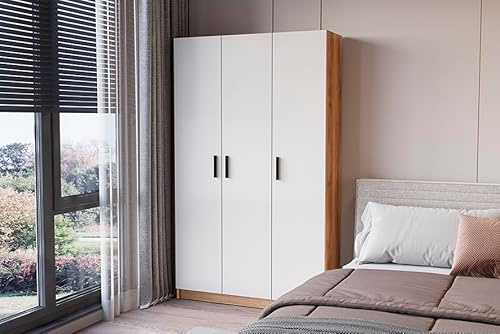 Armadio ausiliario multiuso colore Mauvella beige - 3 ante, 4 ripiani e spazio per scopa, mobile portaoggetti elegante e funzionale, 108 x 180 x 35 cm