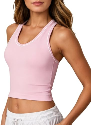 JTSONN Tank Top Dam Sexig V-ringad Crop Top Sommar Sport Tank Toppar Basic Axelbandstoppar Camisole Ärmlösa Toppar Dubbelkappade Slim Fit Rygglösa Toppar