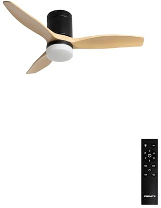 CREATE / WINDCALM S/Ventilador de techo ABS con luz negro aspas efecto madera clara con mando / 40W, Silencioso, Ø112 cm, 6 velocidades, 3 temperaturas de luz, temporizador, función verano-invierno
