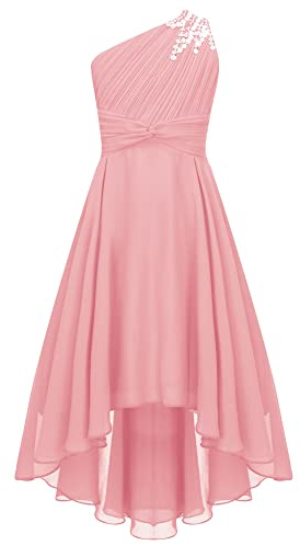 iEFiEL Flicka festlig klänning elegant bröllopsklänning en-axel blomsterflicksklänningar aftonklänning vokuhila klänning festklänning sommarklänning, ROSA, 170
