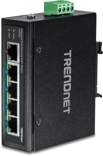 TRENDnet, TI-PE50, Switch PoE+ DIN-Rail Fast Ethernet industriale non gestito a 5 porte, budget di potenza di 200 W, grado di protezione IP50