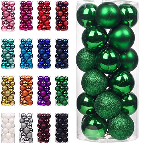 Emopeak 24Pcs Green Christmas Ornaments for Tree Decor, 1.2Inch Mini Christmas Balls Ornaments, Shatterproof Xmas Hanging Baubles for Holiday Wedding Party Decoration