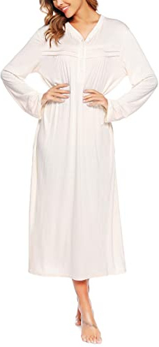 Vlazom Camicia da Notte Lunga, Camicia da Notte Donna Manica Lunga con Bottoni Davanti Scollo a V Camicie da Notte Donna Lunghe Invernali Taglie Forti,L,B-Bianco