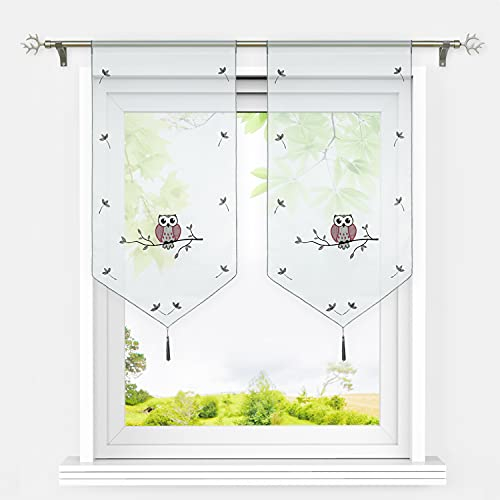HeichkelL Voile Scheibengardinen Eule Muster Transparente Bestickte Bistrogardine mit Quaste Fenster Gardinen Tunnelzug Panneaux Kurzstores Grau BxH 40x90 cm 2 Stück