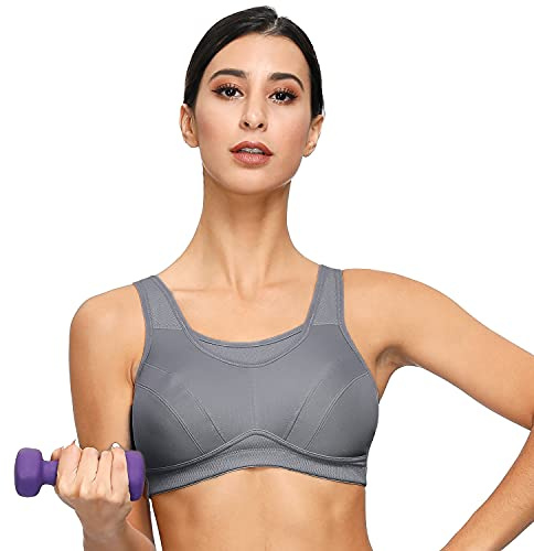 Deyllo Soutien-Gorge Sport Grand Maintien Running Grande Taille Minimiseur sans Armatures Non Rembourré(Gris,42D)