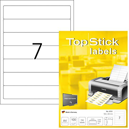 TopStick 8721 mappetiketter A4 kort/smal, set med 10 (192 x 38 mm, 1 000 ark, papper, matt) självhäftande, utskrivbara, permanenta mappa ryggetiketter, 7 000 filetiketter, vit