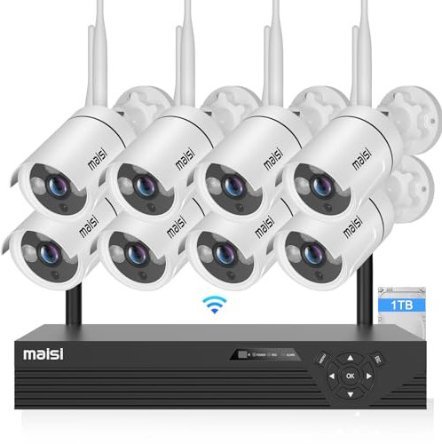 maisi 3MP Wireless Security Camera System, 8 Channel NVR CCTV Camera System, 8Pcs 3MP HD WiFi Camera, 1-Way Audio, Night Vision, Email and APP Push Alert, 1TB Hard Drive