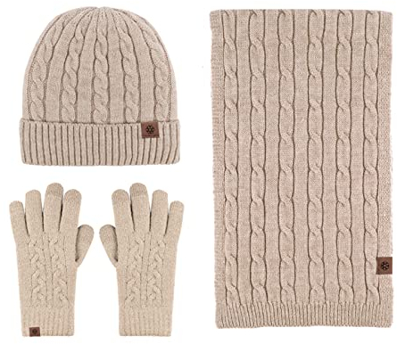 LumiSyne Winter 3 In 1 Mütze Schal Handschuh Sets Für Herren Damen Chunky Gestrickt Alpaka Wolle Textur Einfarbig Kabel Gestrickte Strickmütze Langer Schal Touchscreen Handschuhe Dicke Warme Futter