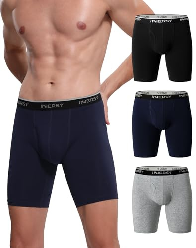 INNERSY Mens Long Leg Boxers Shorts Anti Chafing Underwear Trunks Cotton Underpants Fly Multipack 3 (XXL, Black/Navy Blue/Heather Grey)