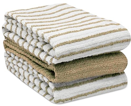 Towelogy Kitchen Tea Towels Set Of 3 Cotton - 40 x 60 cm Super Soft & Quick Drying Dish Cloths - Striped & Solid Designed (Natural/White, 3)
