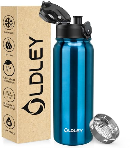 OLDLEY 600ml/20oz Stainless Steel Water Bottle Double Walled Vacuum Flask Keeps Drink Hot and Cold Leakproof BPA Free Metal Insulated Water Bottle for Sport School Work Outdoor Hiking (Bright Blue)
