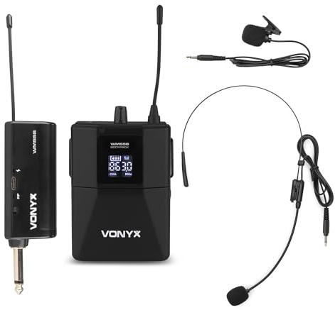 Vonyx WM55B Ensemble Microphone Sans Fil UHF avec Émetteur BodyPack - Micro Cravate, Micro Casque, Récepteur Sans Fil Jack 6,35 mm, 10 Canaux, Idéal pour les Plateaux TV, Productions, Animateurs