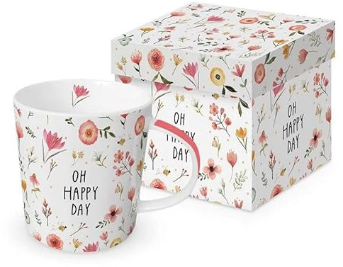 Taza de porcelana con diseño de flores con texto Happy Day um Flowers en caja de regalo a juego. Taza con diseño de flores para mesa y como regalo, 0,4 x 9,7 cm
