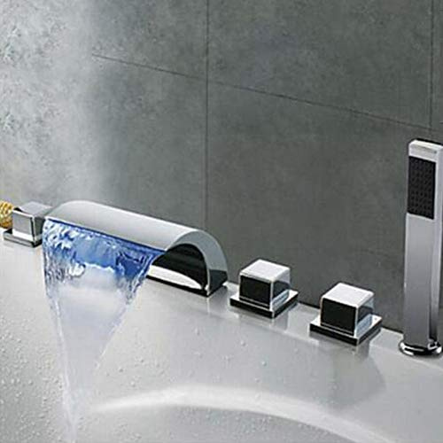 5 Loch Wasserfall Badewanne Wannenrandarmatur Badewannenarmatur LED Wasserfall Wasserhahn Wannenrand Wannenarmatur Badezimmer Armatur Set mit Handbrause Armatur für Bad