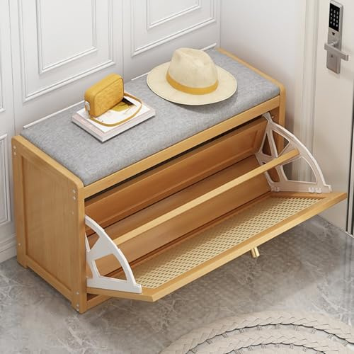Schuhbank Mit Sitzfläche Schuhregal Schuhschrank Mit Sitzbank Sitzbank Flur Garderobenbank Polsterbank Schuhbank Aus Holz Und Rattan Mit Verstellbarem Regal, Sitzbank, Für Flur Und Schlafzimmer(Natura