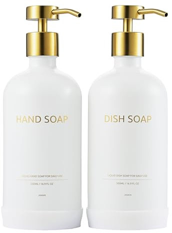 Janxin Seifenspender Glas, Mit Rutschfester Silikonschutzauflage, Pump Bottles Set Bathroom, Kitchen Bathroom Glass Bottle, Küchen- und Badezimmerdekor, 500ML(Weiße Flasche mit goldenem Kopf)