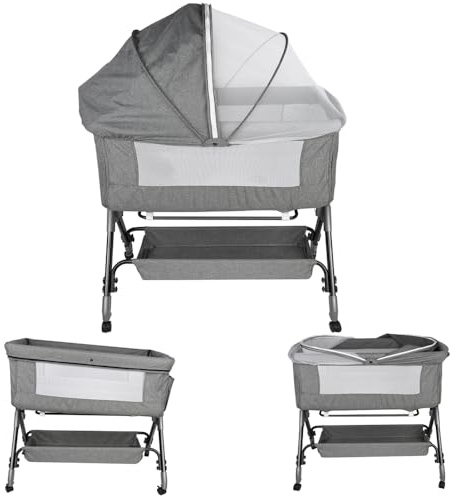Kedia Babybett, Beistellbett, Kinderbett mit Moskitonetz, Kinderreisebett mit Rollen, 4 Höhenverstellung, Babybetten Stubenwagen, 104 * 52 * 103-115cm (grau)