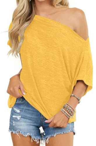LACOZY Womens Off Shoulder Tops Summer Sexy Batwing Sleeve Loose T-Shirts Casual Oversized Blouse Tunic
