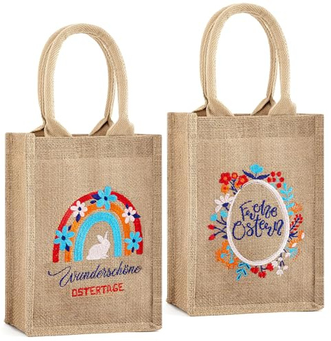 Xuniea 2 Stück 25 x 18 x 10 cm Ostern Geschenktüten Ostertüten zum Befüllen Osterkörbchen Bestickte Frohe Ostern Osternest Jutebeutel Osterbeutel mit Henkel Easter Bag mit Motiv Osterei Hase Blumen