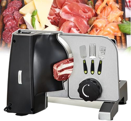 WOTZOV Cortadora de Carne y Alimentos eléctrica - Diseño de Hoja de Acero Inoxidable de 190 mm - Cortadora de Alimentos eléctrica para fiambres - Perilla Ajustable para Grosor, Carro par