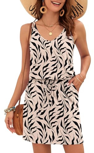 AUSELILY Damen Sommerkleid Ärmellos V-Ausschnitt Knielang Freizeitkleider Casual Kordelzug Midikleid mit Taschen Aprikose Black Leaf M