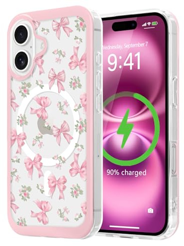 LCHULLE Cover per iPhone 16 Magnetica Trasparente,Fiocco rosa | Compatibile con MagSafe,Custodia con Motivo Fragole o Fiocchi a Farfalla per Ragazze e Donne,Protettiva Silicone Case