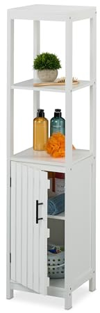 Relaxdays Badezimmerschrank, HxBxT: 129 x 30 x 30 cm, 4 Fächer, MDF, schmaler Badschrank, Badezimmer Midischrank, weiß | schmaler Badschrank, Badezimmer Midischrank