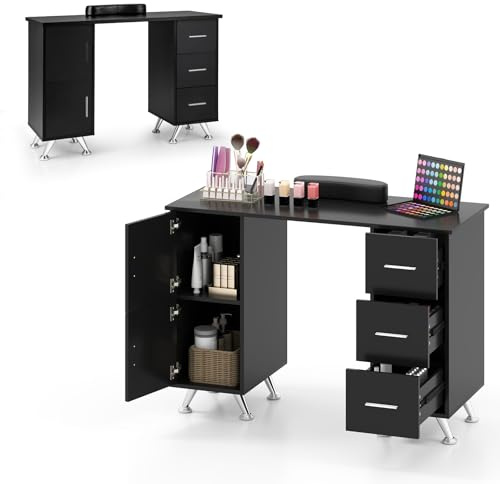 HOMASIS Table de Manucure en Bois, Bureau à Ongles avec 3 Tiroirs, 2 Armoires, Repose-Poignet Amovible, Table Onglerie Pieds Métalliques pour Salon de Beauté, Maquillage, Bureau (Noir)