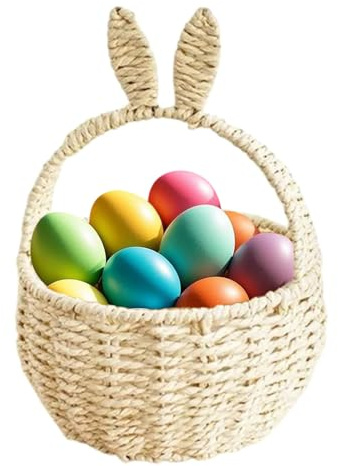 Easter Baskets for Kids Bunny Egg Bags with Cute Ears Easter Decor Handmade Woven Flower Girl Basket Reusable Picnic Shopping Storage Basket for Easter Egg Hunt Decorative Party Gift Container (A)