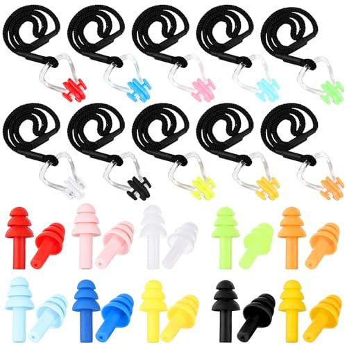 Seenelling 10 Pcs Swimming Nose Clip Earplugs with String Waterproof Swim Nose Plugs Soft Silicone Earplugs Protector Accessories for Adult Beginner Swimming Training Supplies(10 Colors,Transparent)
