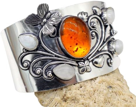 Natural Labradorite And Amethyst Stone 925 Sterling Silver OverlayCuff Bangle Handmade Silver Plated Cuff Braclet Sttement Bangle Bracelet Gift For Her (Amber And Moonstone)
