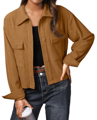 IWOLLENCE Giacca di velluto a coste da donna, giacca camicia, camicia di velluto a coste, giacca corta, maniche lunghe, risvolto, bottoni, shacket, cappotto, cammello, L